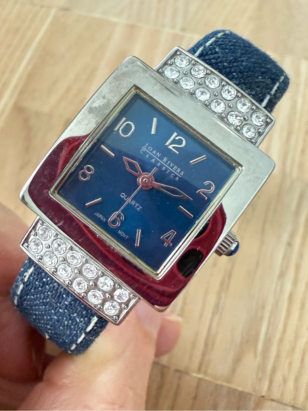 Joan rivers classic ladies square silver tone denim cuff watch NEW BATTERY